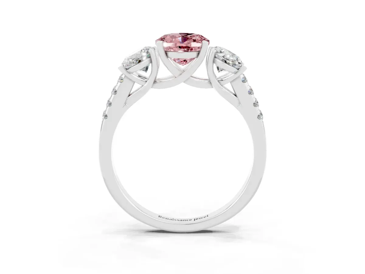 Three-Stone Oval Cut Morganite Ring with Round Pavé Band and Prong Setting Platinum