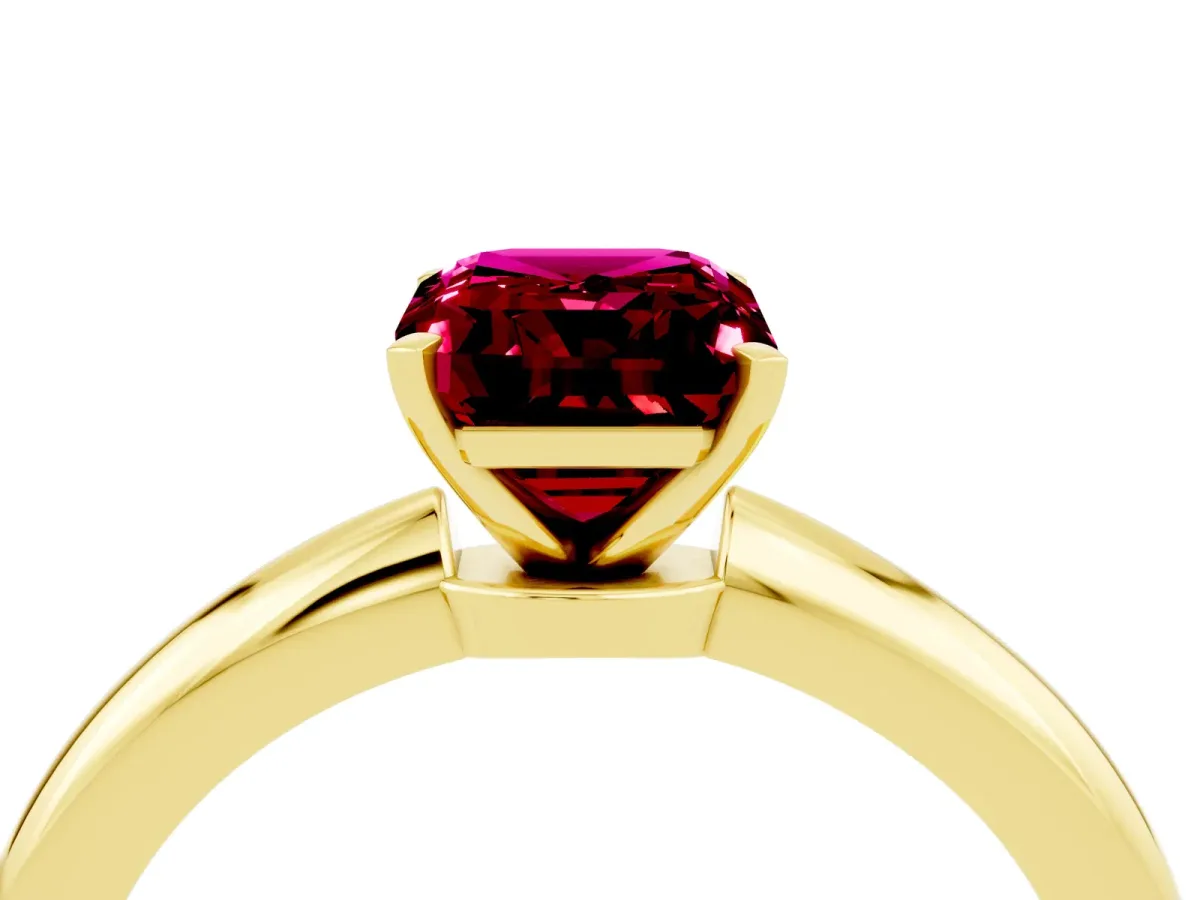 Emerald Cut Garnet Solitaire Ring with Six-Prong Setting and Classic Band Yellow gold