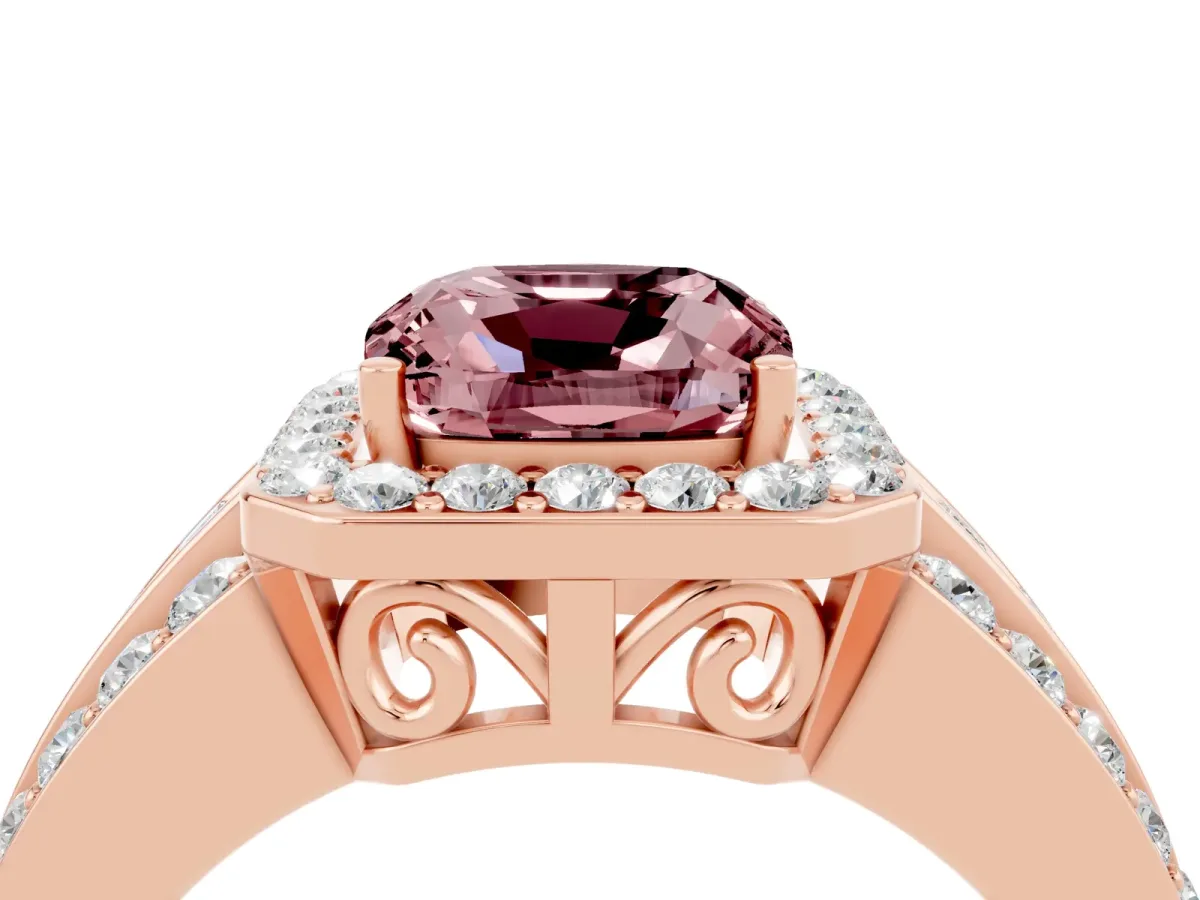 Cushion Cut Halo Morganite Ring with Round Split Shank and Prong Setting Rose gold