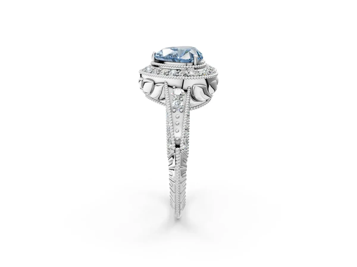 Fancy Blue Heart Cut Halo Diamond Split Shank Ring with Milgrain Detail Platinum