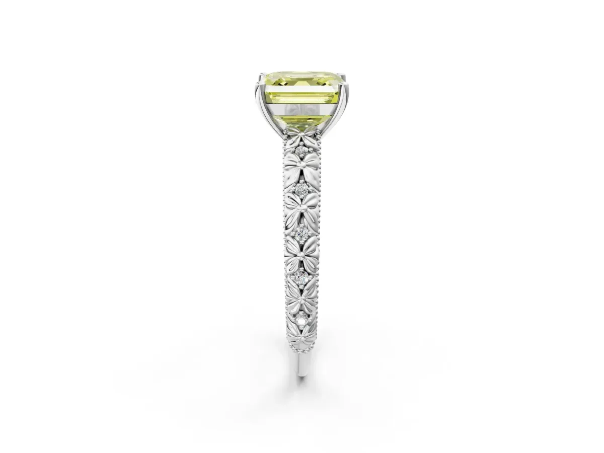 Fancy Yellow Asscher Cut Solitaire Floral Milgrain Engagement Ring Platinum