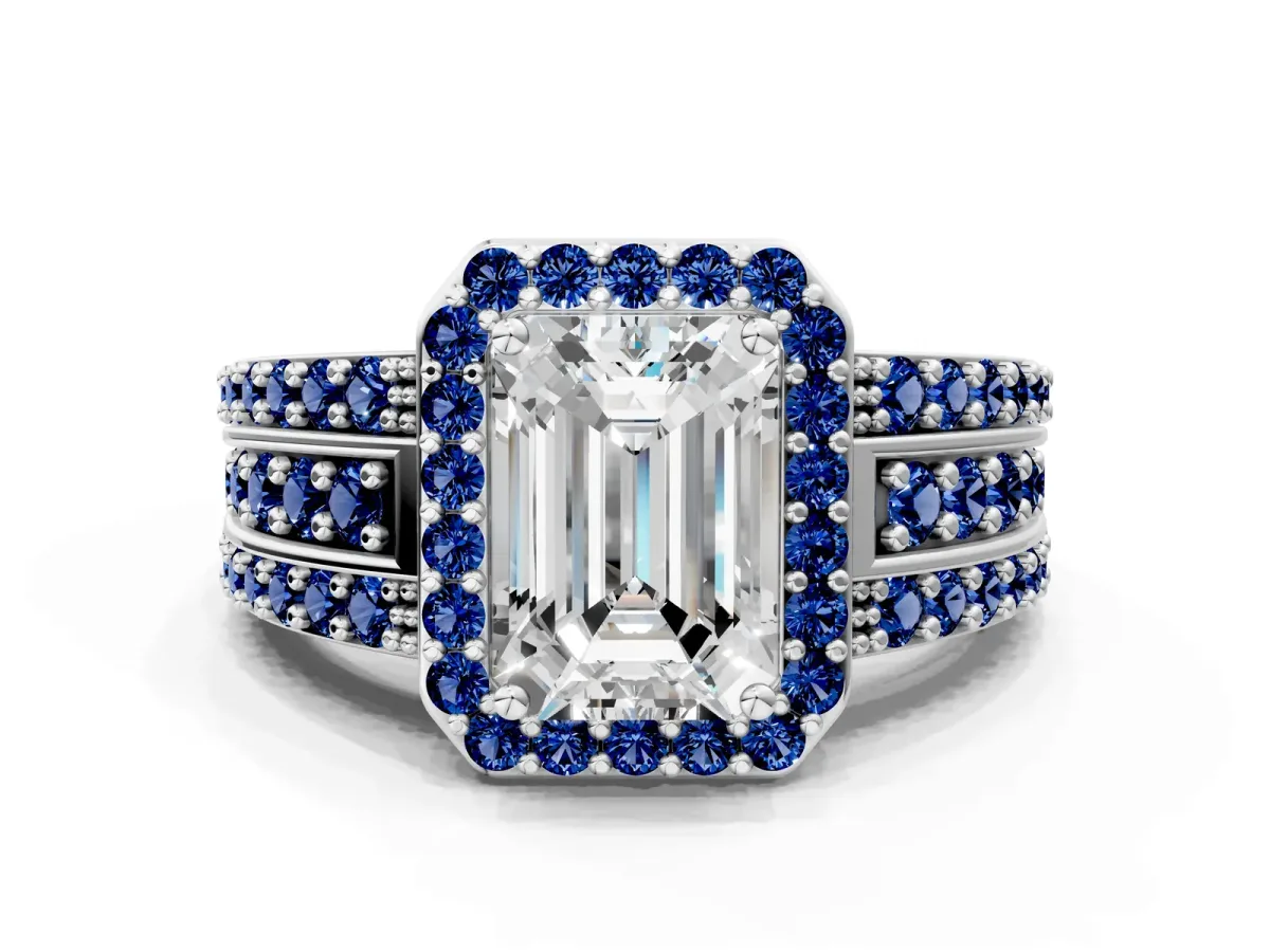 Emerald Cut Halo Diamond Ring with Round Blue Sapphire Split Shank and Prong Setting Silver