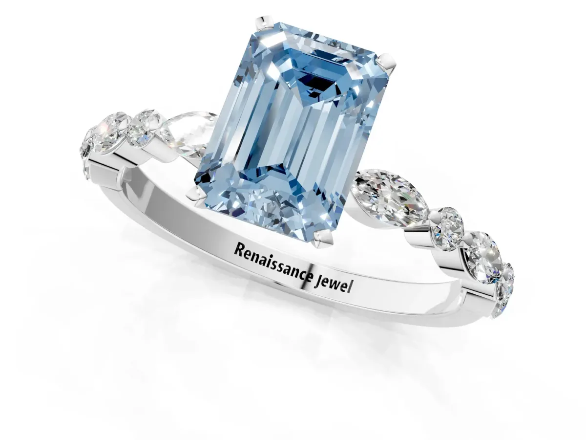 Fancy Blue Emerald Cut Diamond Ring with Marquise and Round Side Stones and Four-Prong Setting Silver