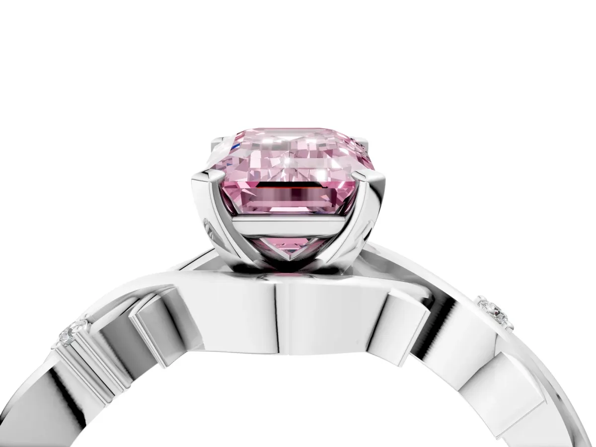 Fancy Pink Emerald Cut Diamond Solitaire Ring with Twisted Band and Prong Setting White gold