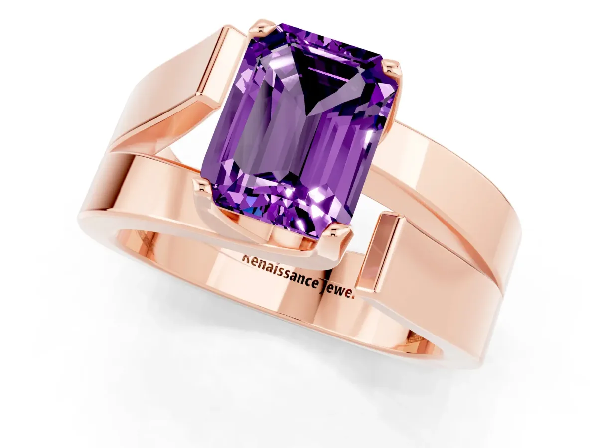 Modern Tension Set Emerald Cut Amethyst Solitaire Wide Band Ring Rose gold