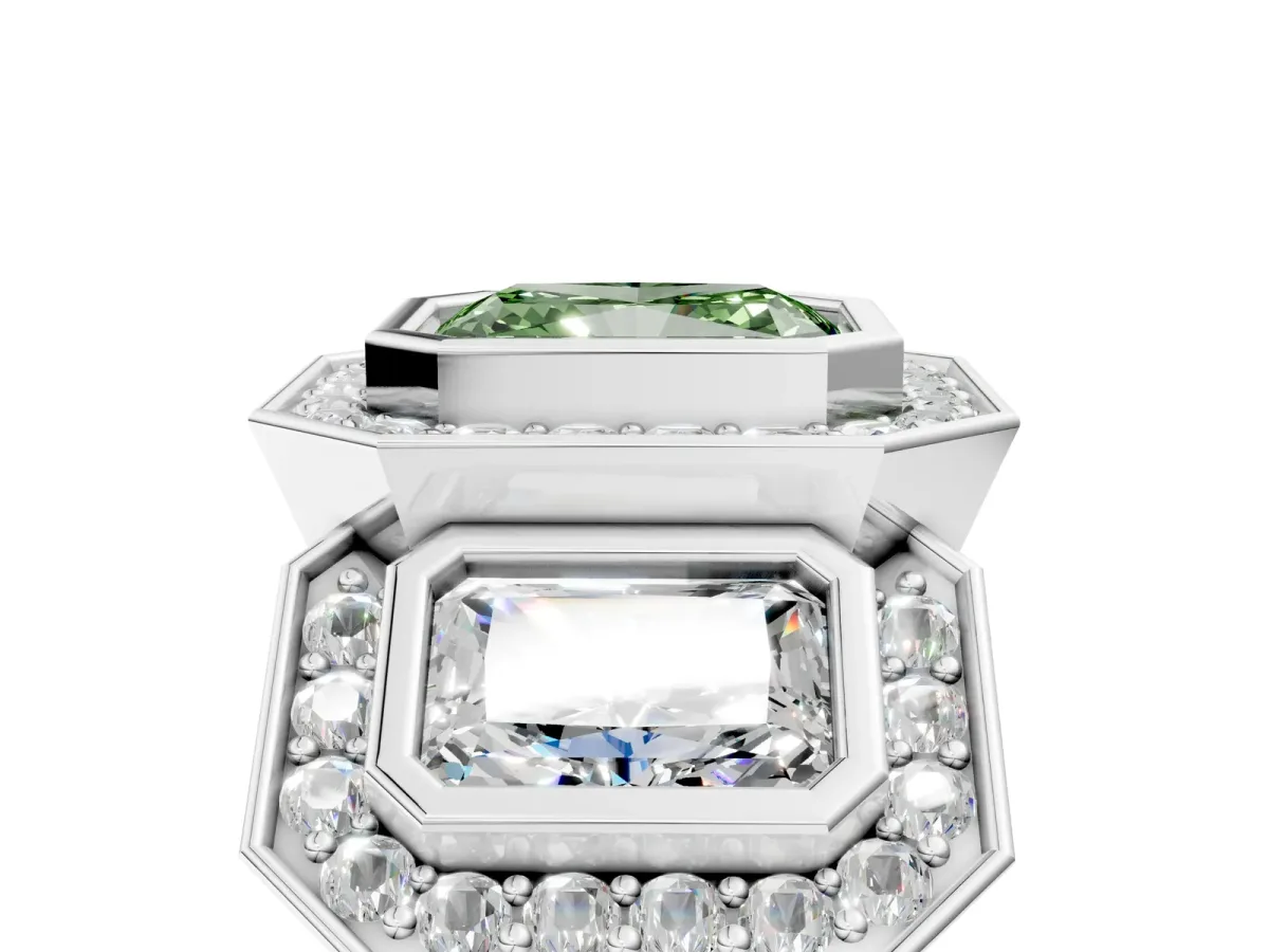 Fancy Green Three-Stone Radiant Cut Halo Pavé Diamond Ring Platinum
