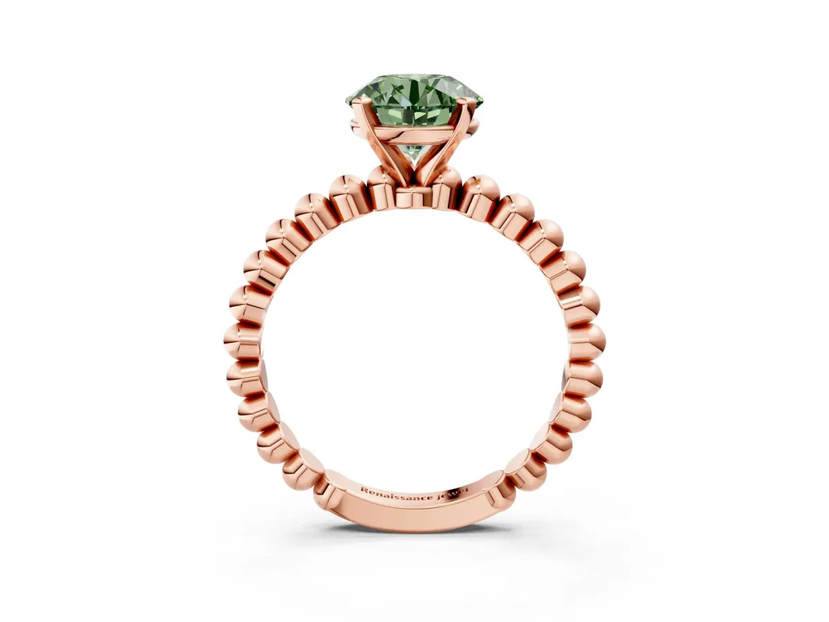 Fancy Green Round Cut Diamond Solitaire Ring with Beaded Band and Prong Setting Rose gold
