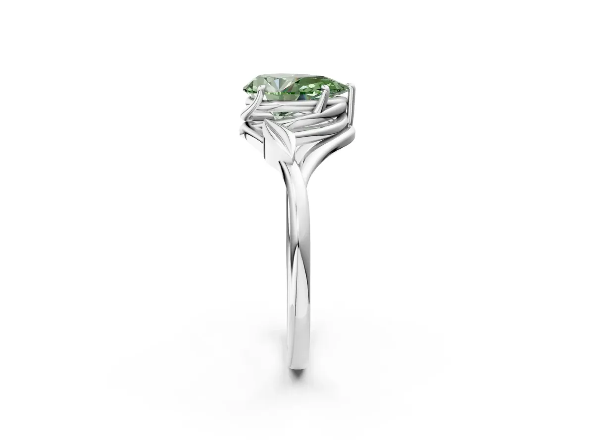 Fancy Green Pear Cut Diamond Solitaire Ring with Twist Band and Four-Prong Setting Platinum