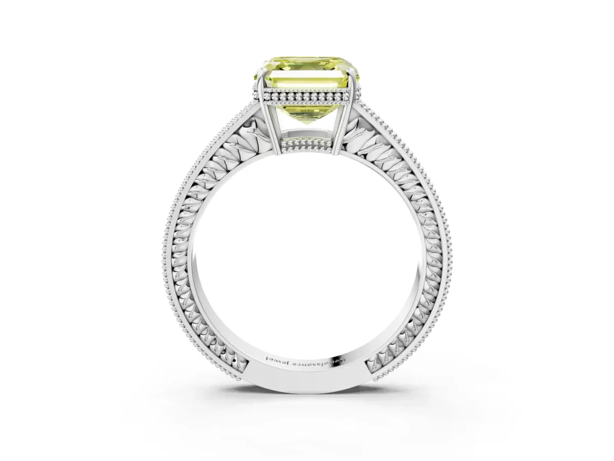 Fancy Yellow Asscher Cut Cut Diamond Milgrain Pave Band Four-Prong Setting Ring Platinum