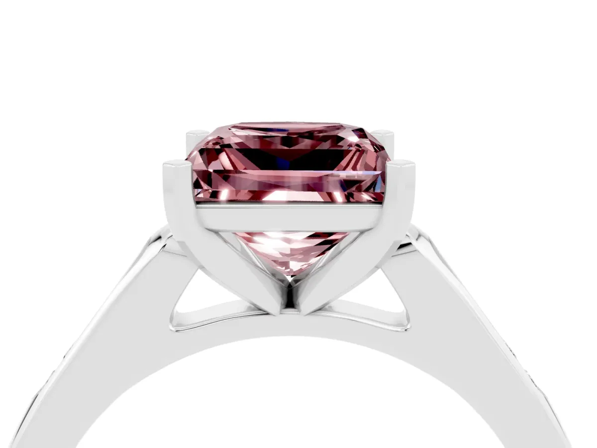 Princess Cut Morganite Solitaire Ring with Channel Set Round Band and Prong Setting Silver
