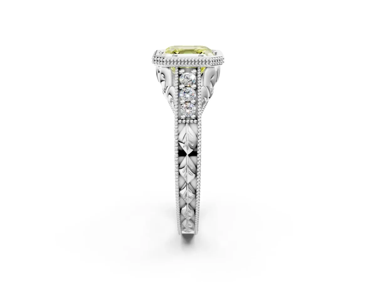 Fancy Yellow Bezel Set Asscher Cut Diamond Milgrain Pave Engagement Ring Platinum