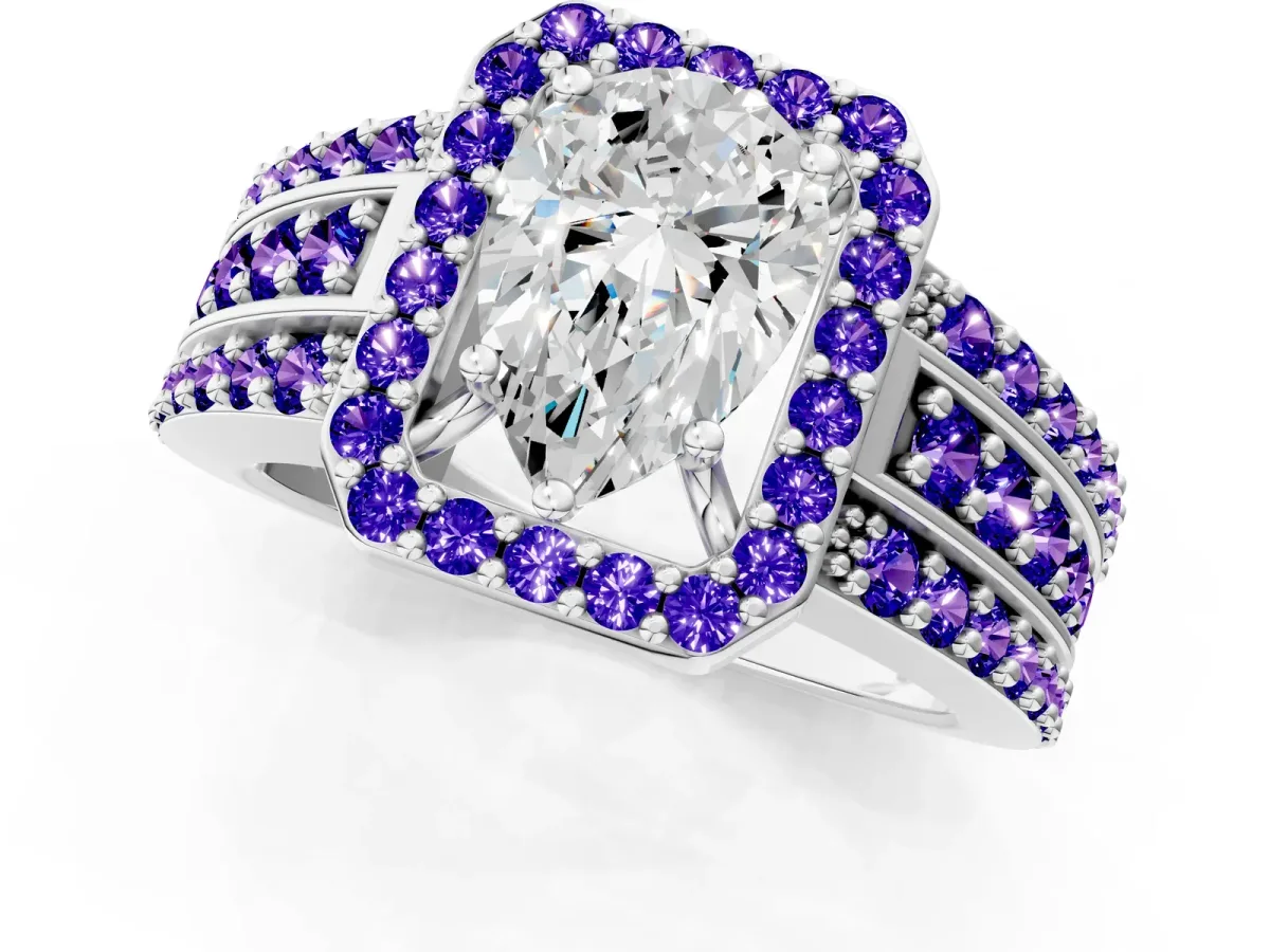 Pear Cut Halo Diamond Ring with Round Tanzanite Split Shank and Prong Setting Silver
