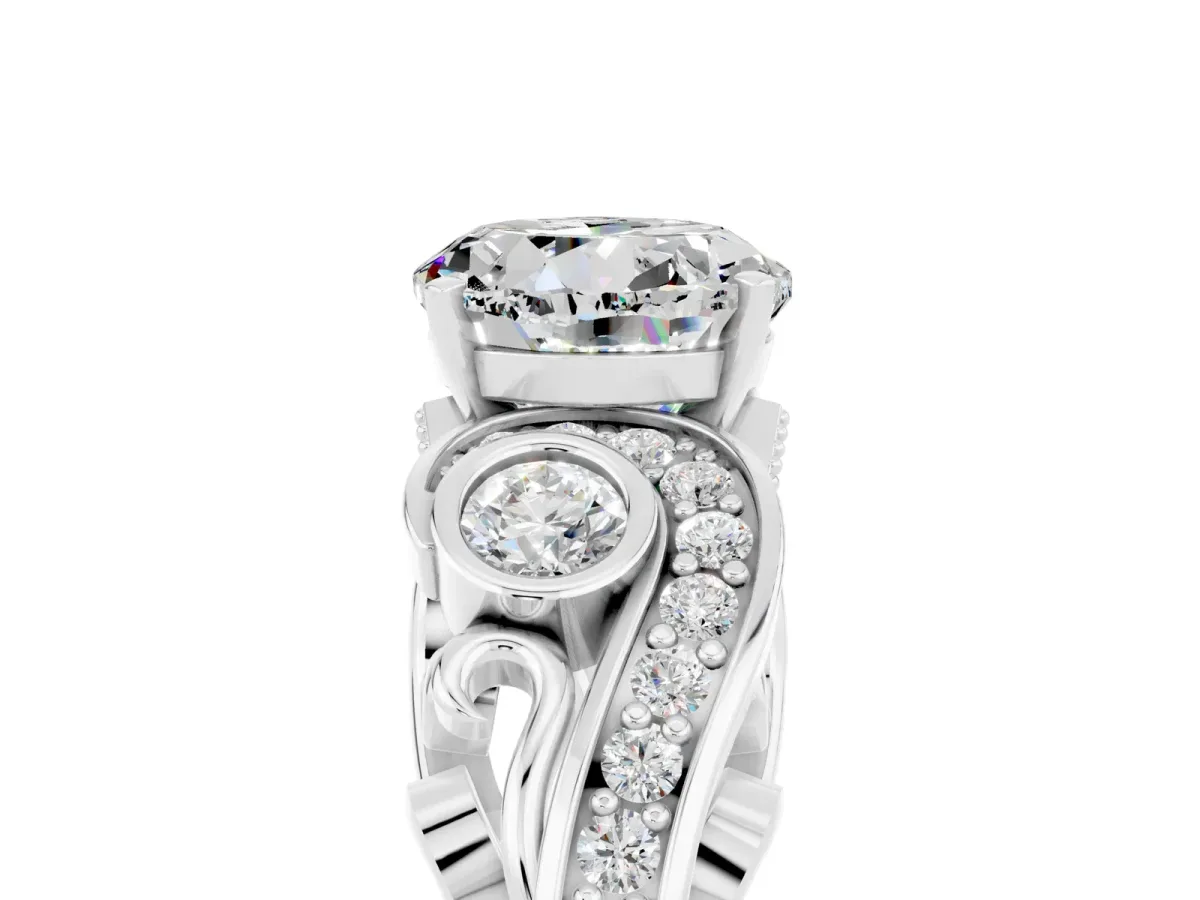 Round Cut Moissanite Solitaire Ring with Milgrain Pavé Band and Four-Prong Setting Silver