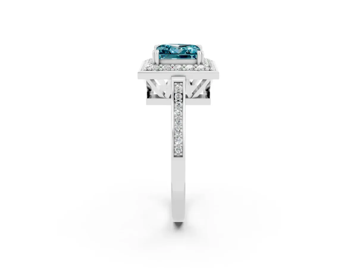 Princess Cut Blue Topaz Halo Ring with Split Shank and Four-Prong Setting Platinum