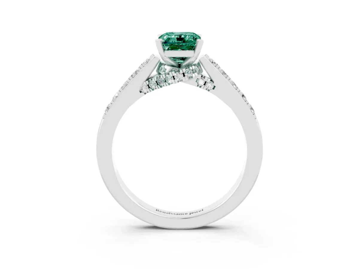 Emerald Cut Green Sapphire Solitaire Ring with Crossover Gallery and Round Pavé Band Silver