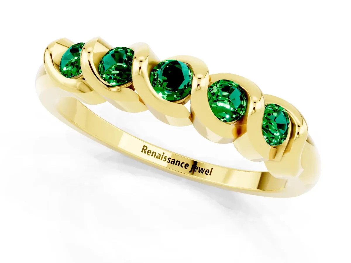 Round Emerald Eternity Band with Twist Prong Setting Yellow gold