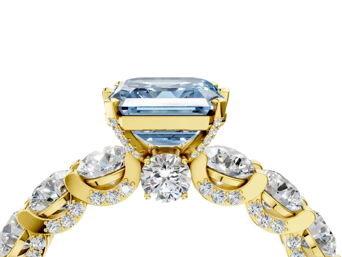 Fancy Blue Asscher Cut Diamond Side Stone Engagement Ring with Four-Prong Setting Yellow gold
