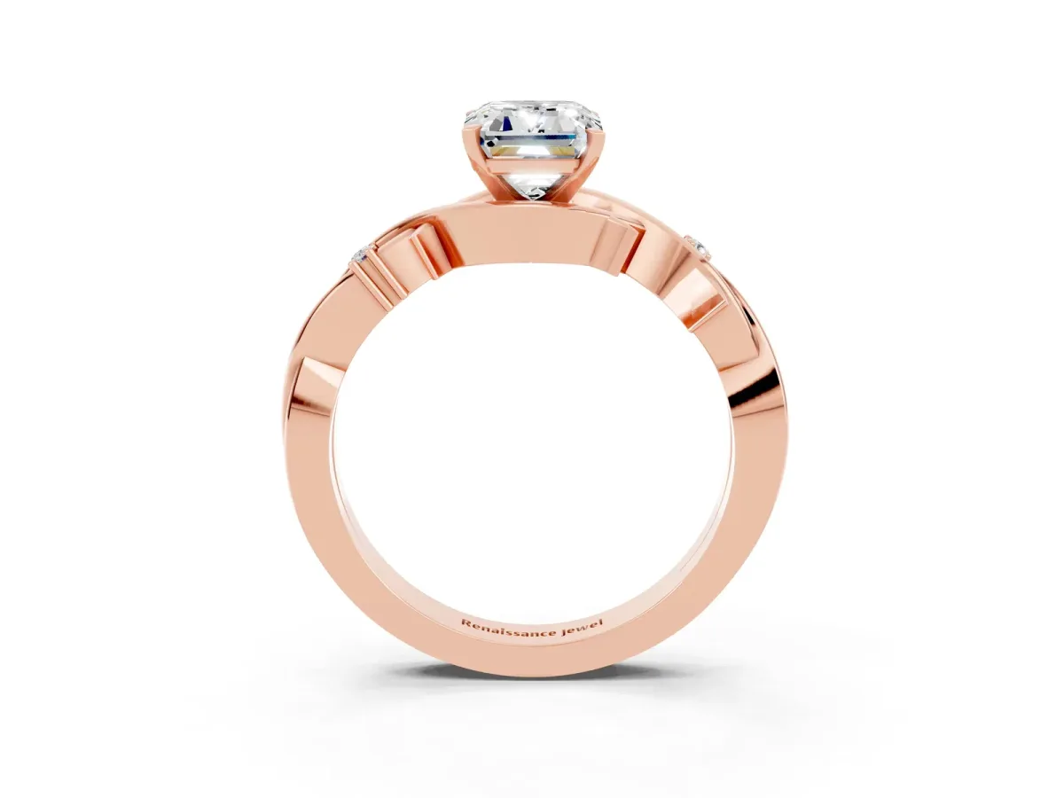 Emerald Cut Moissanite Solitaire Ring with Twisted Band and Prong Setting Rose gold