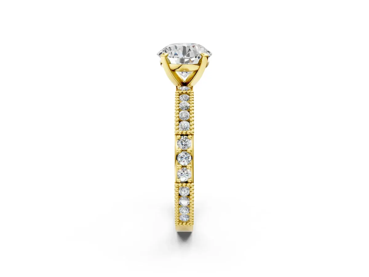 Round Cut Solitaire with Pavé Band and Four-Prong Setting Yellow gold