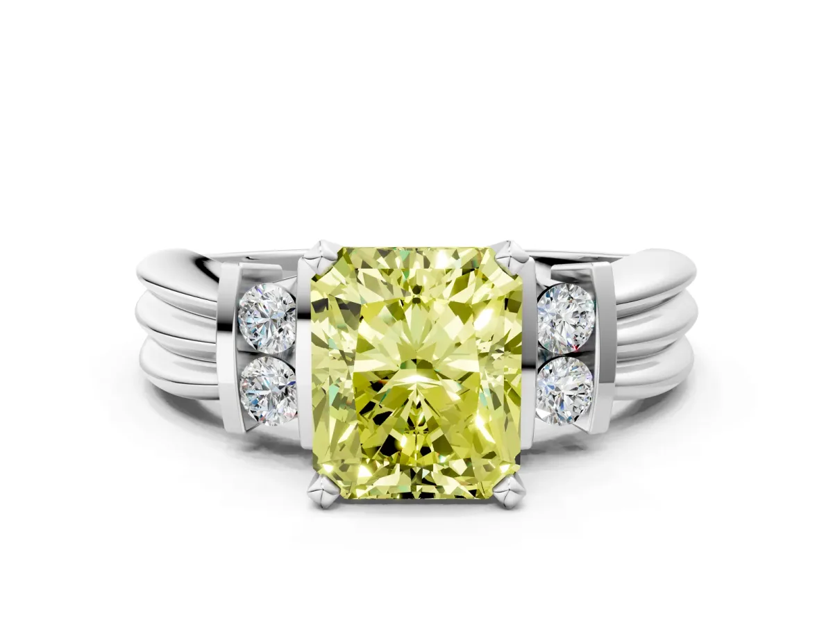Fancy Yellow Radiant Cut Cut Three-Stone Channel Set Ring with Bar Prongs Platinum
