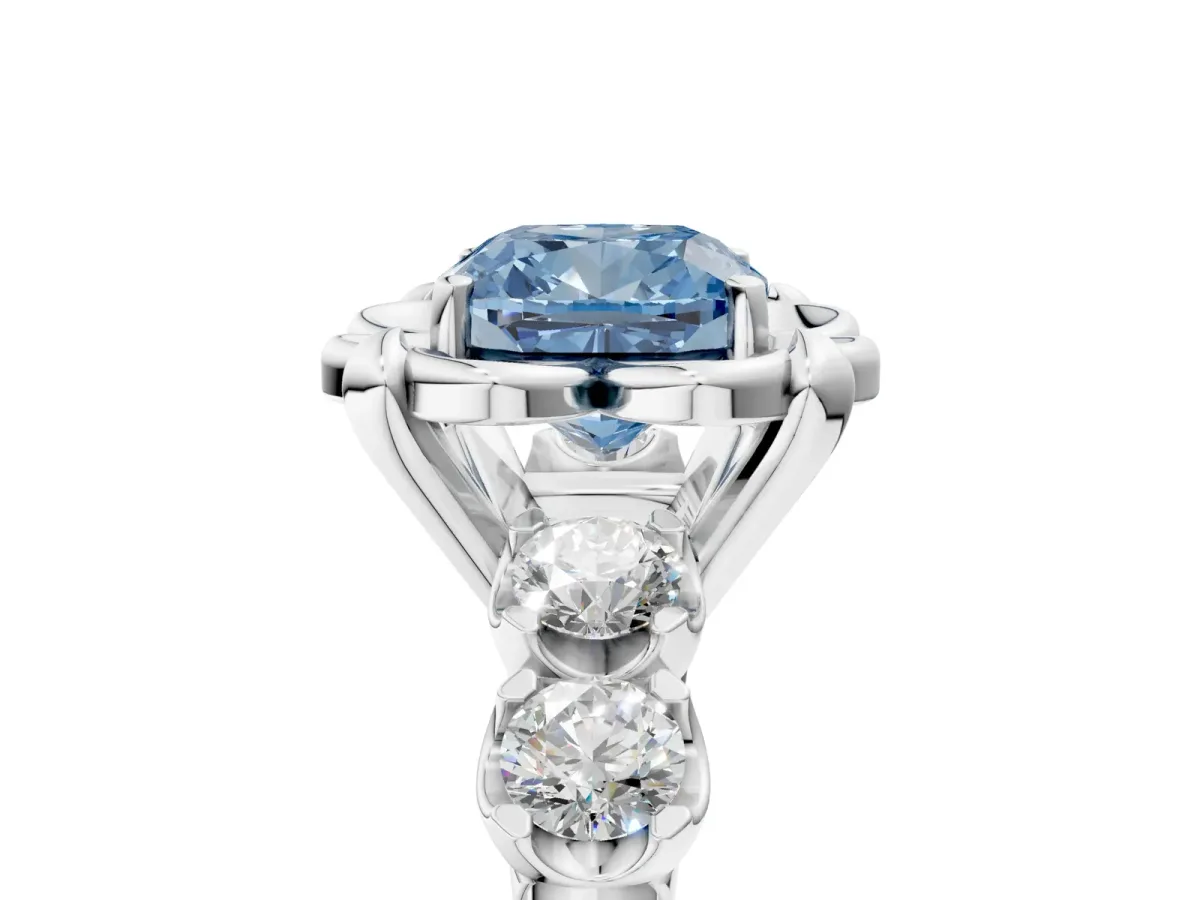 Fancy Blue Cushion Cut Cut Diamond Floral Halo Engagement Ring with Shared Prong Setting Silver