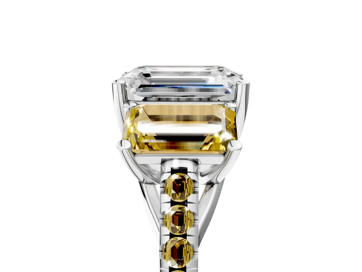 Three-Stone Emerald Cut Diamond Ring with Round Yellow Sapphire Pavé Band and Prong Setting Silver