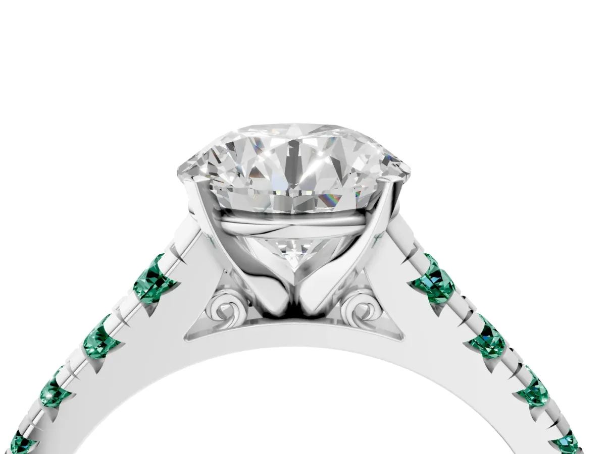 Round Cut Diamond Cathedral Solitaire Ring with Round Green Sapphire Pavé Band Silver
