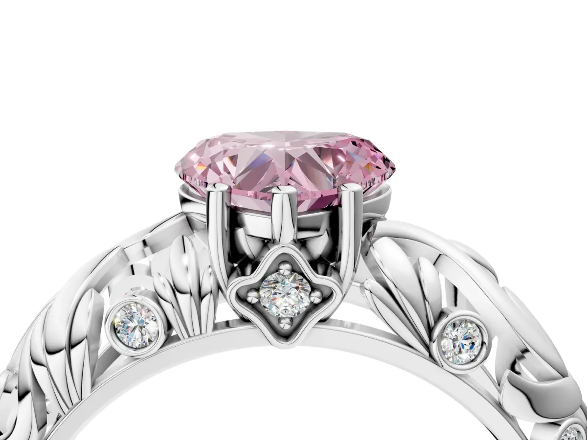 Fancy Pink Heart Cut Solitaire Diamond Leaf-Inspired Vine Band Ring with Prong Setting Platinum