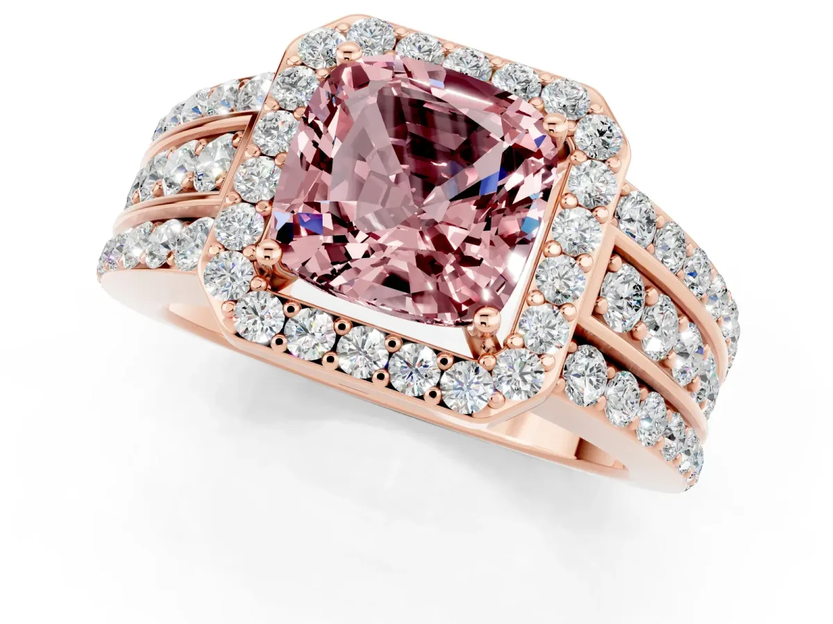 Cushion Cut Halo Morganite Ring with Round Split Shank and Prong Setting Rose gold