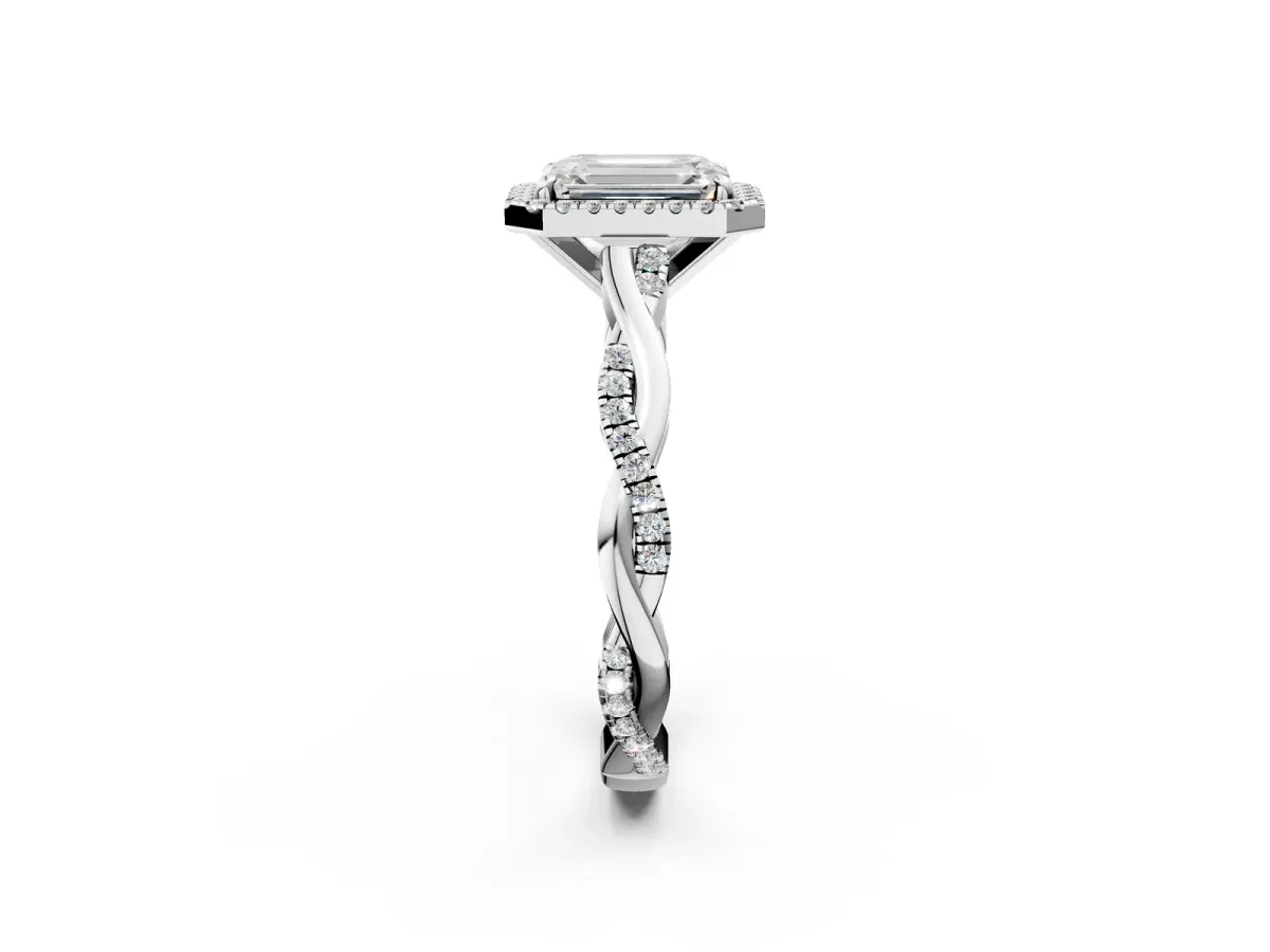 Emerald Cut Cut Halo Twisted Band Four-Prong Ring White gold