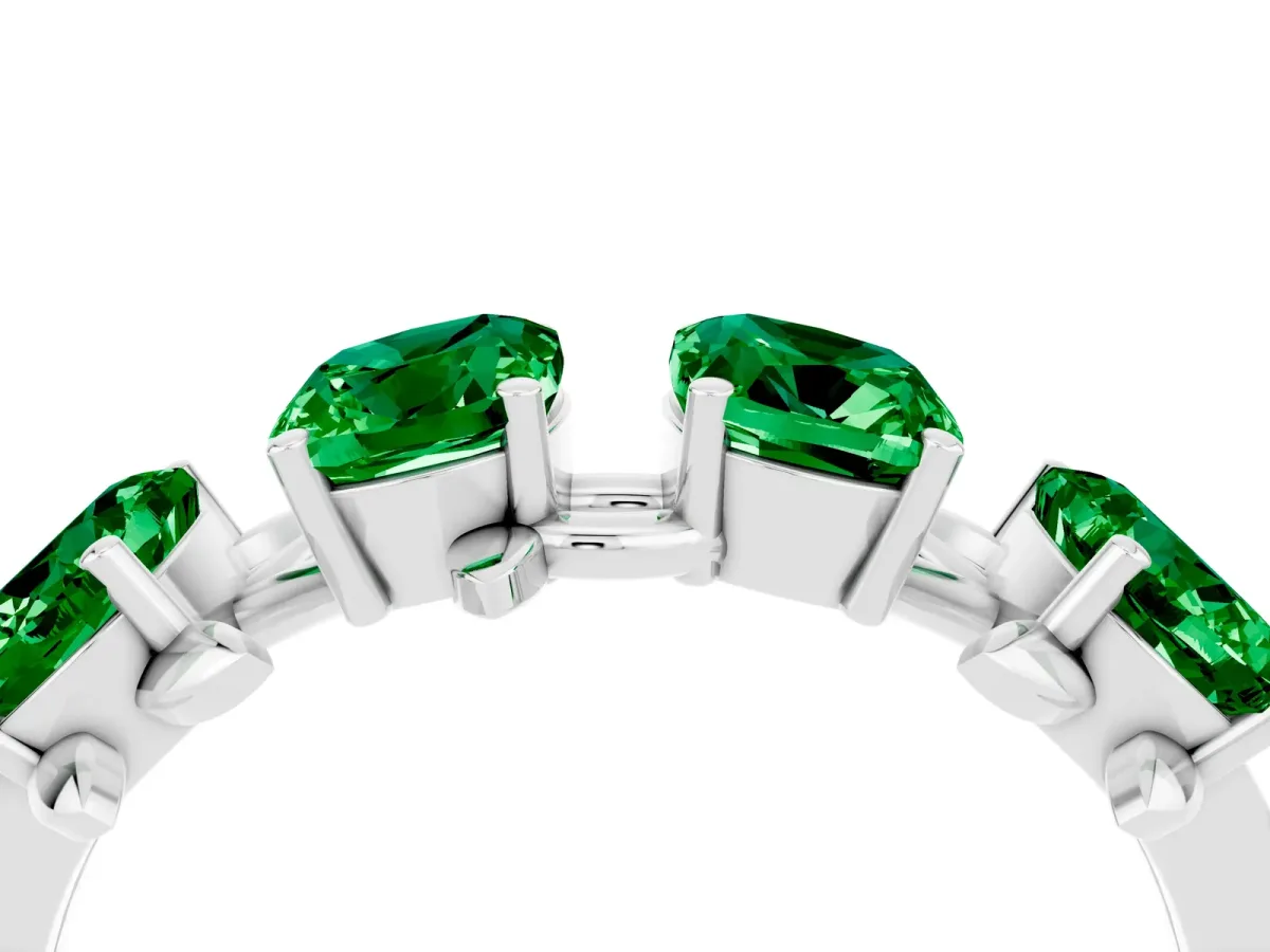 Four-Stone Elongated Cushion Emerald Band with Nature-Inspired Prong Setting Silver