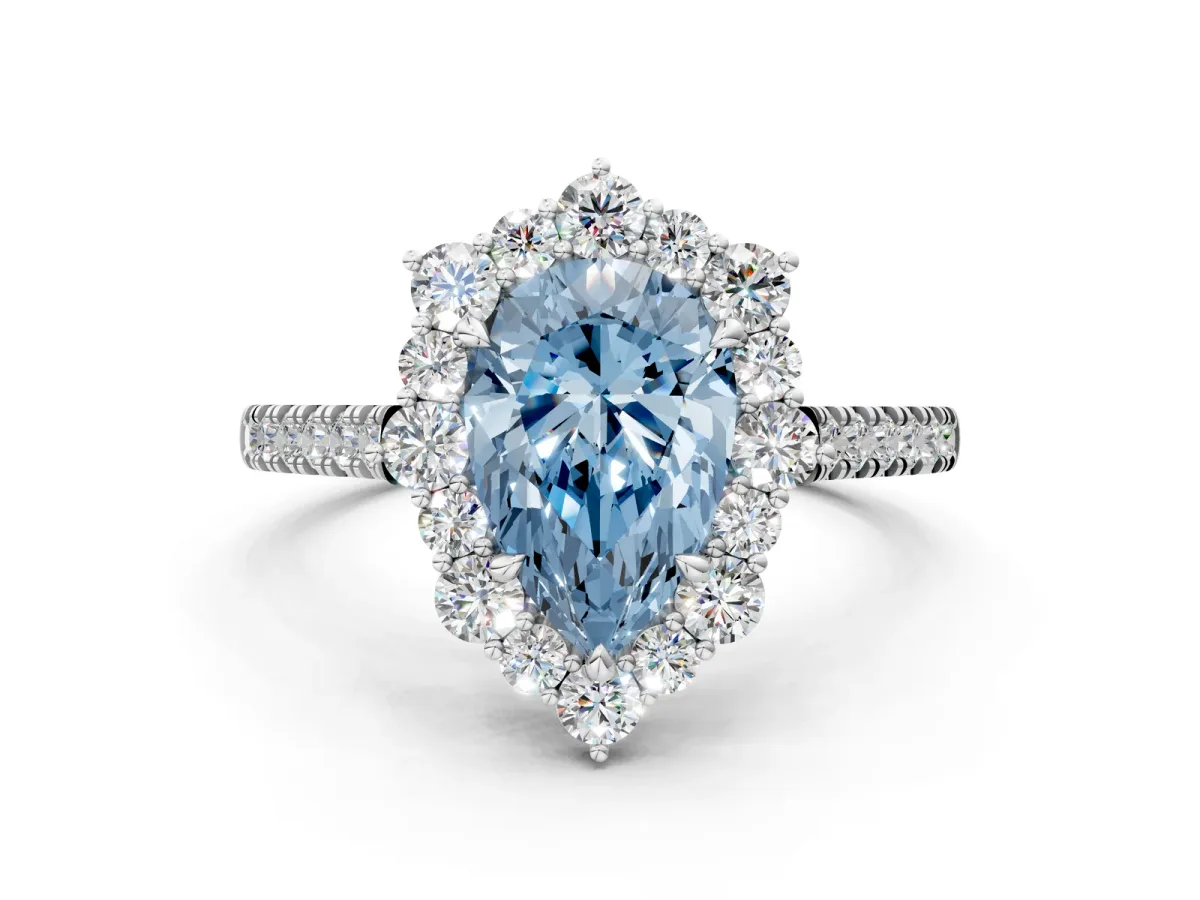 Fancy Blue Pear Cut Halo Diamond Ring with Pavé Band and Prong Setting Silver
