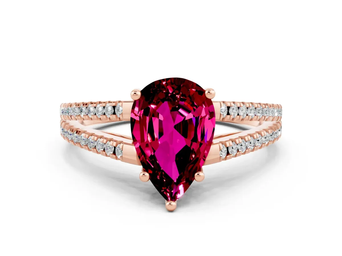 Pear Cut Garnet Solitaire Engagement Ring with Split Shank Pavé Band Rose gold