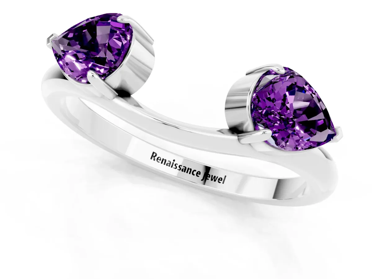 Two-Stone Pear Amethyst Bypass Ring with Prong Setting Silver