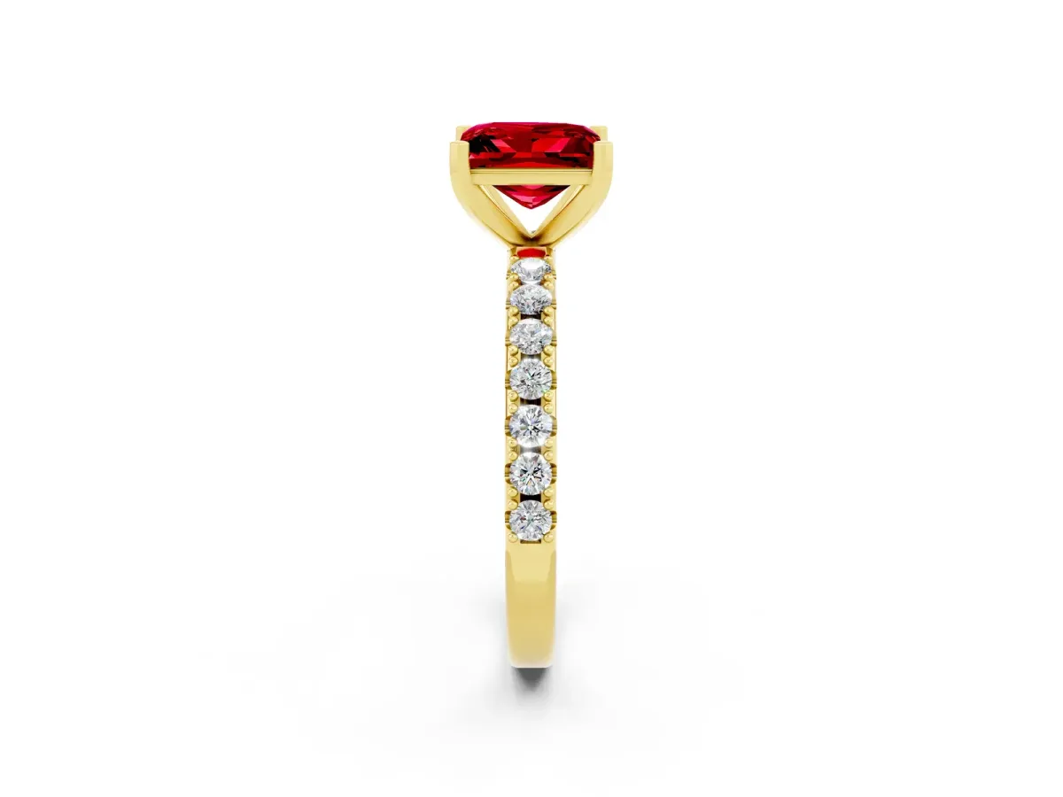 Princess Cut Ruby Solitaire Pavé Band with Four-Prong Setting Yellow gold