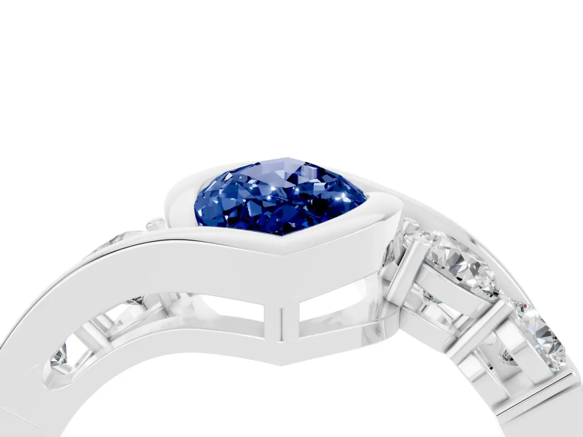 Bezel Set Marquise Cut Blue Sapphire Bypass Ring with Round Accents Silver