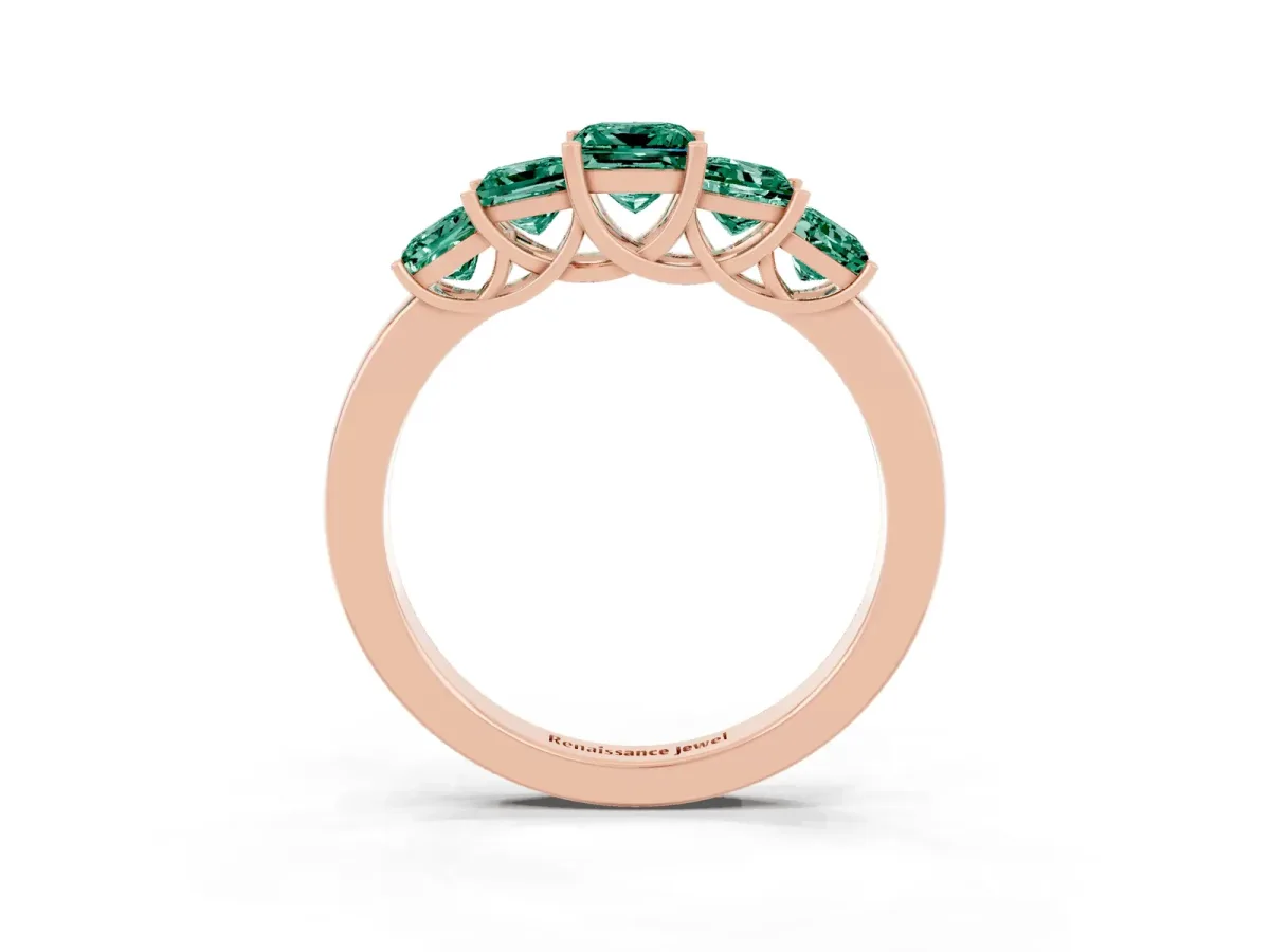 Princess Cut Five-Stone Green Sapphire Ring with Classic Prong Setting Rose gold