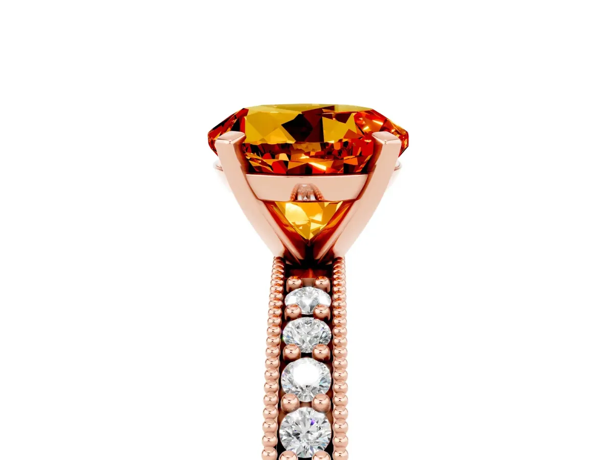 Round Cut Citrine Milgrain Pavé Engagement Ring with Four-Prong Setting Rose gold