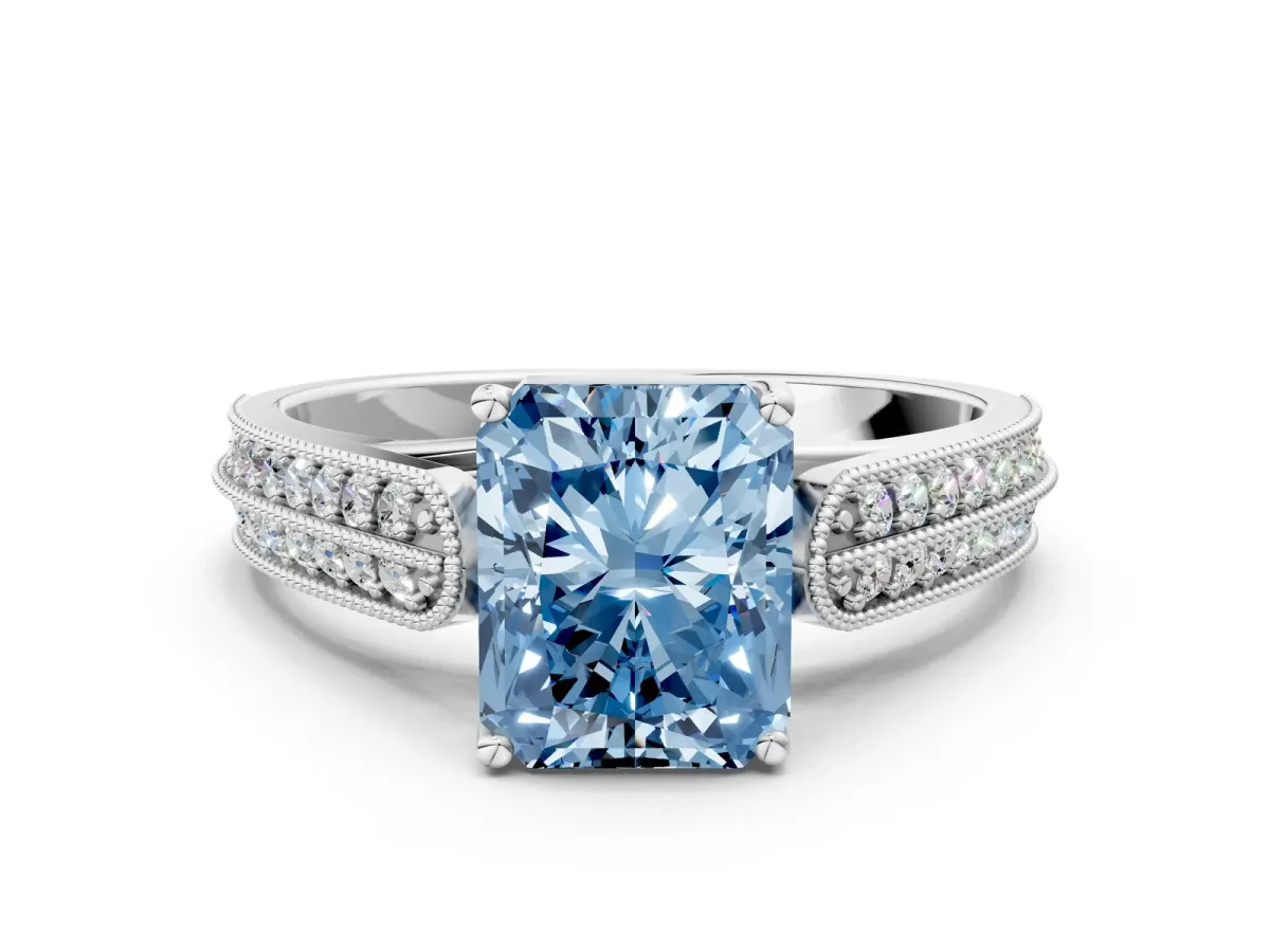 Fancy Blue Radiant Cut Cut Pave Split Shank Engagement Ring with Four-Prong Setting Platinum
