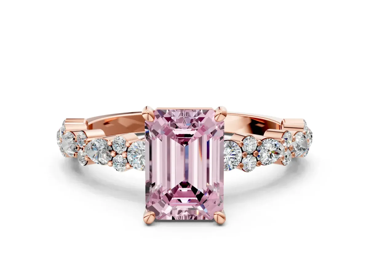 Fancy Pink Emerald Cut Diamond Side Stone Solitaire Ring with Round and Four-Prong Setting Rose gold