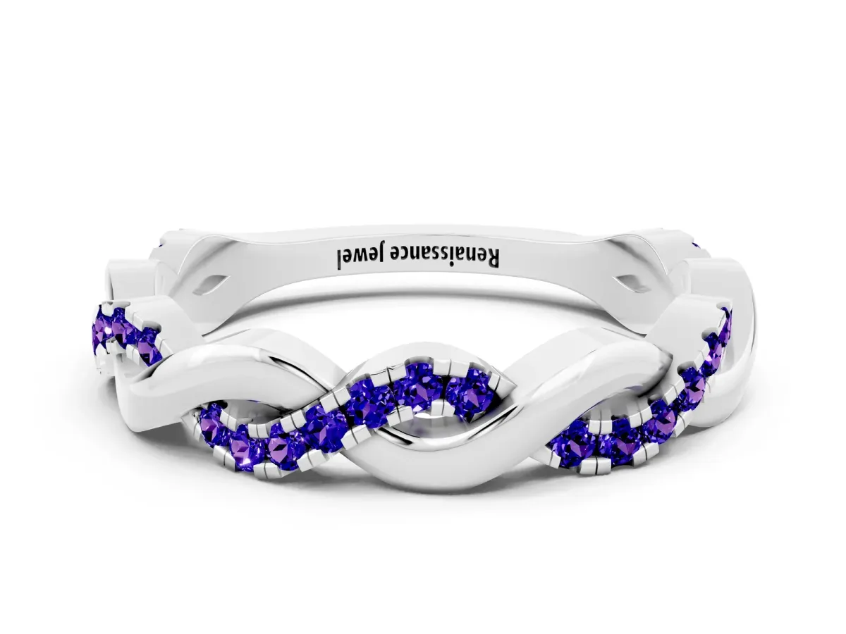 Pavé Round Tanzanite Twist Eternity Band with Shared Prong Setting Silver