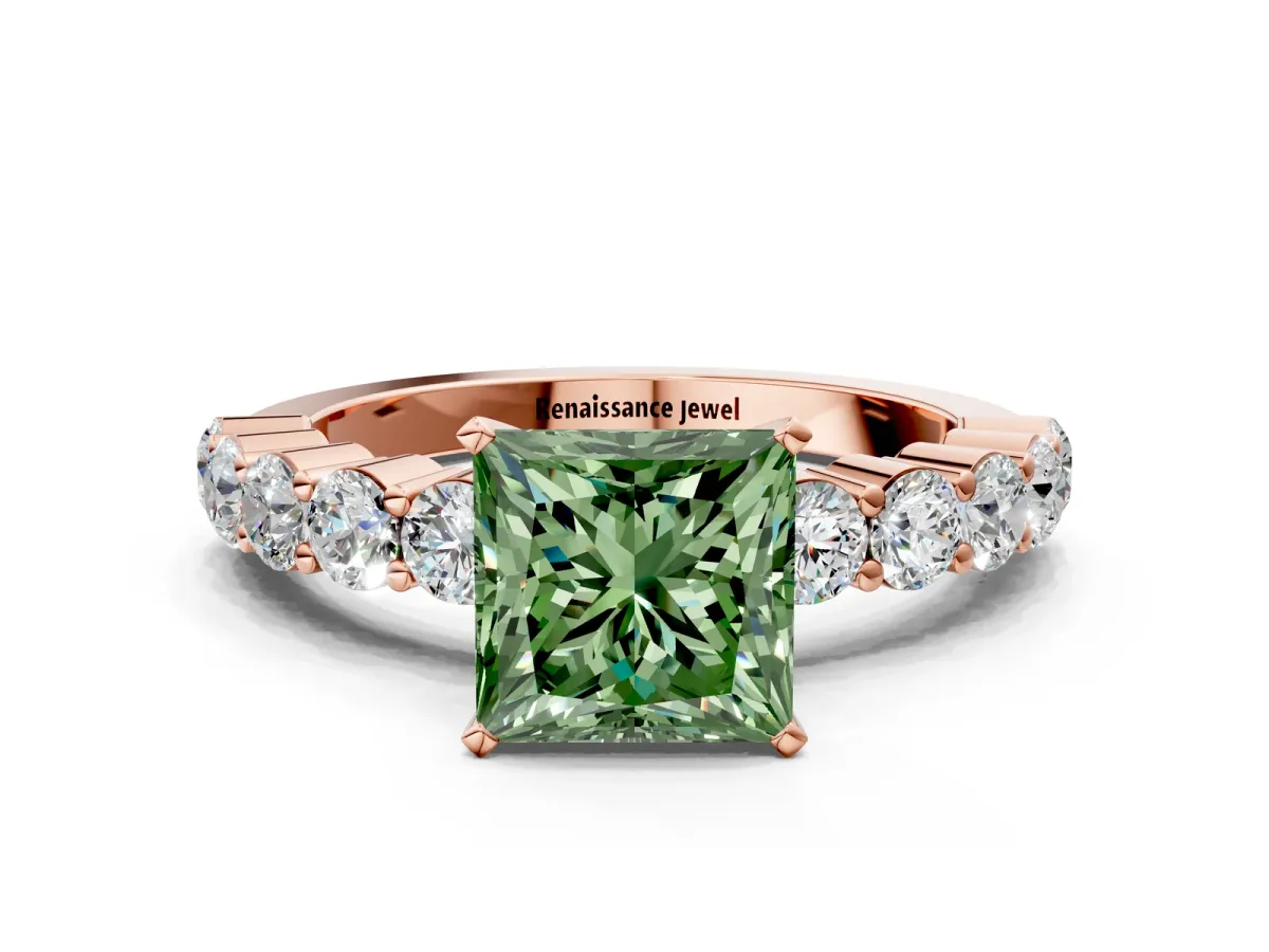 Fancy Green Princess Cut Diamond Solitaire Ring with Shared Prong Round Side Stones Rose gold