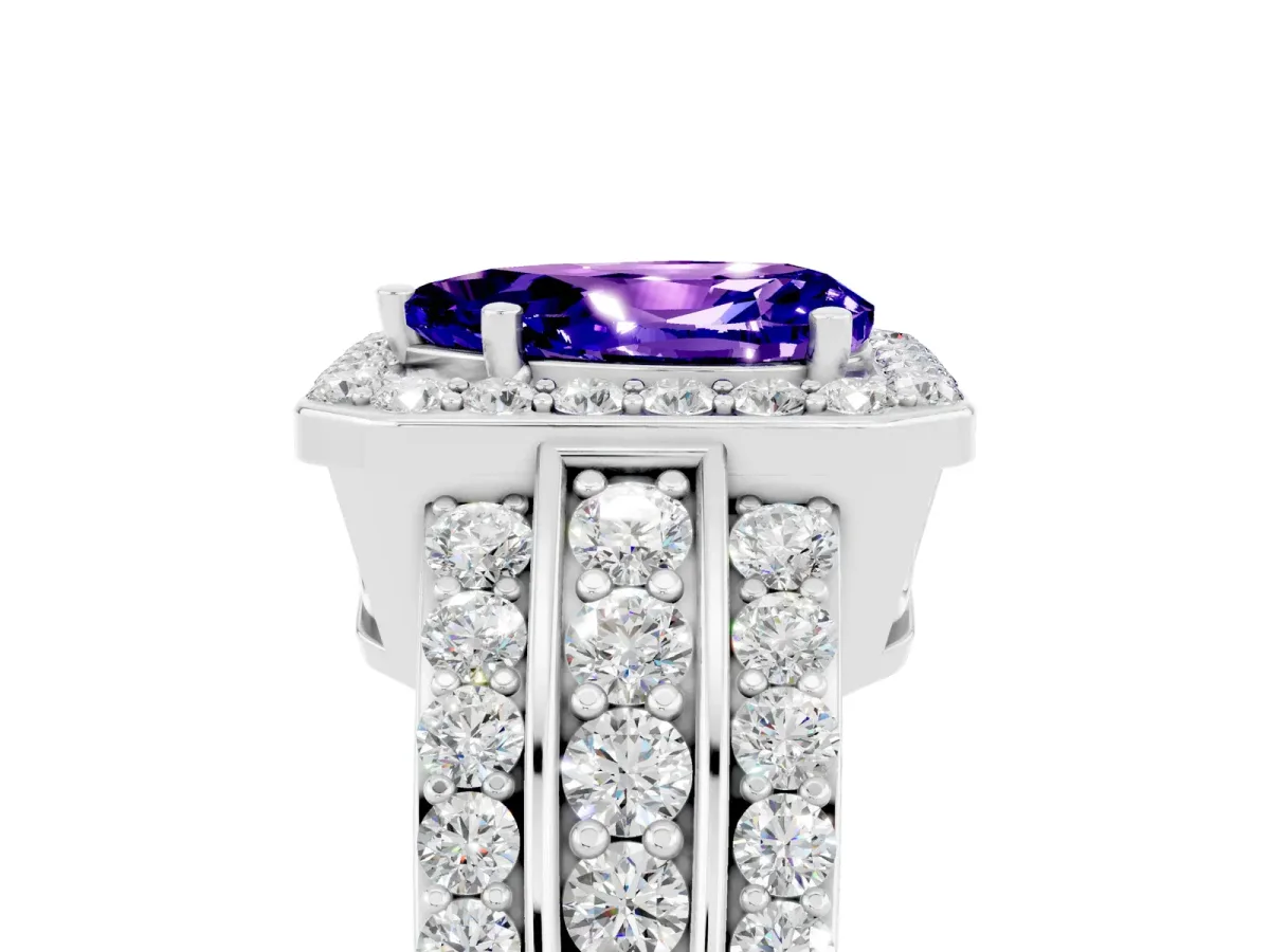 Pear Cut Halo Tanzanite Ring with Round Split Shank and Prong Setting Silver