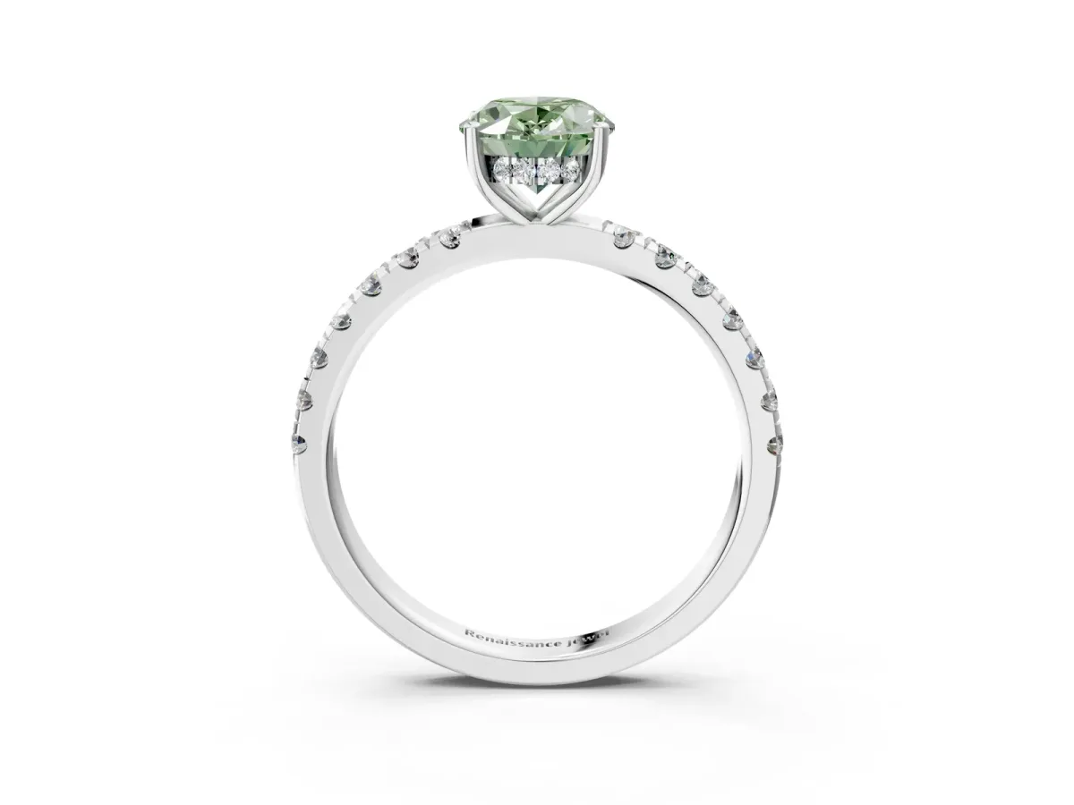 Fancy Green Oval Cut Diamond Pave Band Solitaire Ring with Round and Prong Setting Platinum