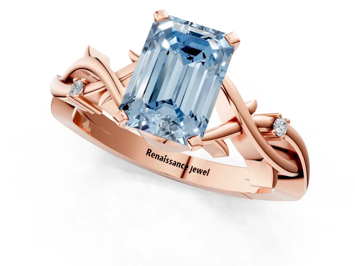 Fancy Blue Emerald Cut Diamond Solitaire Ring with Twisted Band and Prong Setting Rose gold