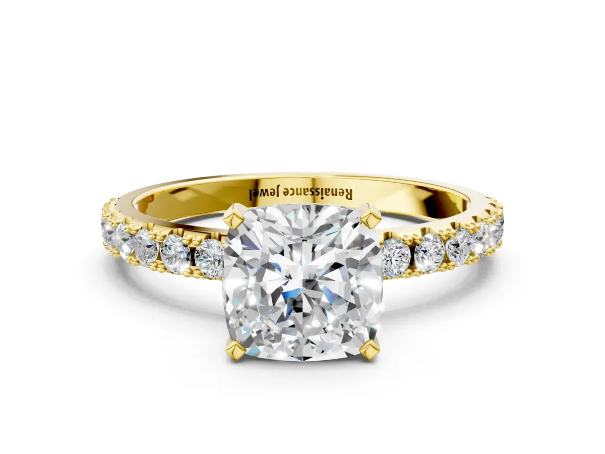 Cushion Cut Diamond Solitaire Pavé Band with Four-Prong Setting Yellow gold