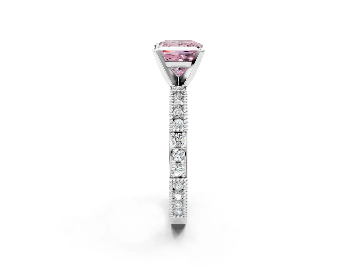 Fancy Pink Princess Cut Solitaire with Pavé Band and Four-Prong Setting Silver