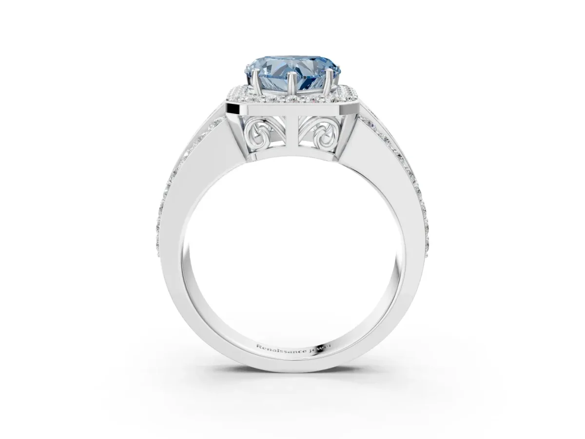 Fancy Blue Heart Cut Halo Diamond Ring with Round Split Shank and Prong Setting Silver
