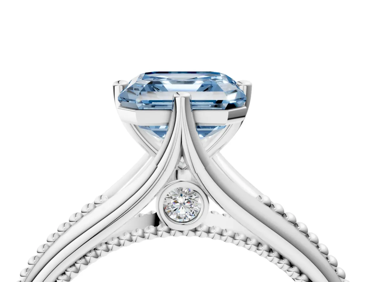 Fancy Blue Asscher Cut Solitaire Beaded Band Six-Prong Setting Platinum