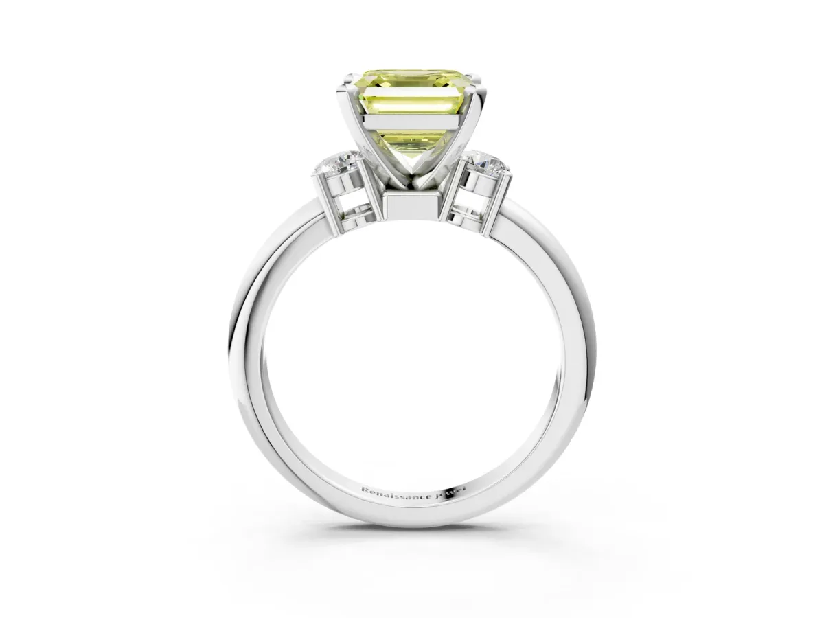 Fancy Yellow Three-Stone Asscher Cut Cut Diamond Solitaire with Prong Setting and Classic Band Platinum